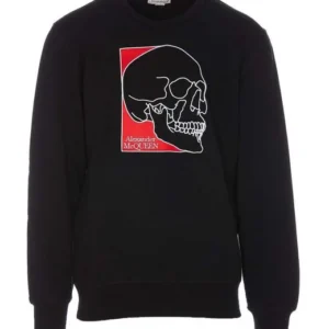 Men's Black Crew-Neck Sweatshirt With Skull Embroidery